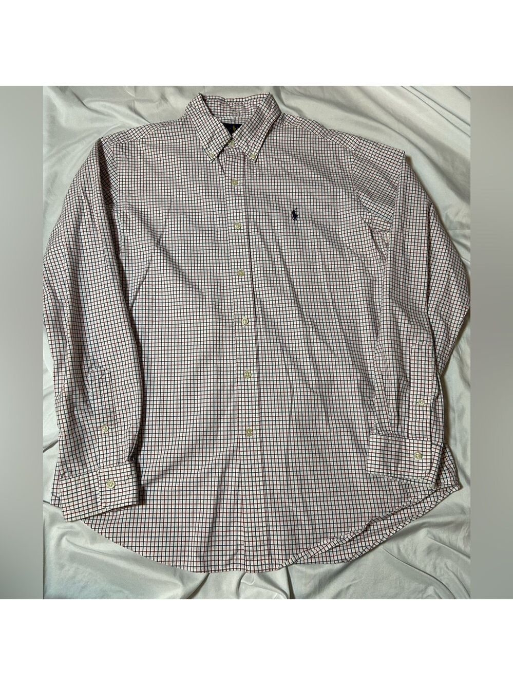 Ralph Lauren Custom Fit Men's Dress Shirt Red Blue Plaid Size Large